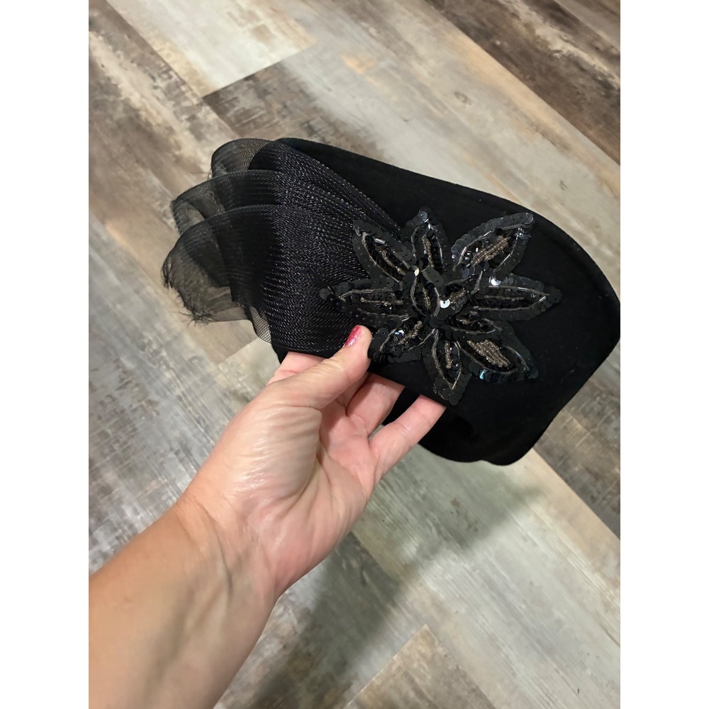 Vintage Style Black 100% Wool Pillbox Hat with Mesh Veil and Sequin Flower